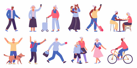 Diverse group of seniors enjoying various activities and hobbies together in a flat design style