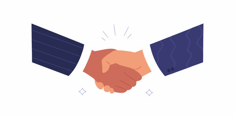 Two business people in suits shaking hands in agreement with sparkling stars and lines