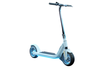 Futuristic White Electric Scooter with LED Lights, Angled Front Perspective, Transparent Background.png