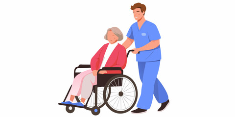 Caring male nurse pushing elderly woman in wheelchair with a smile