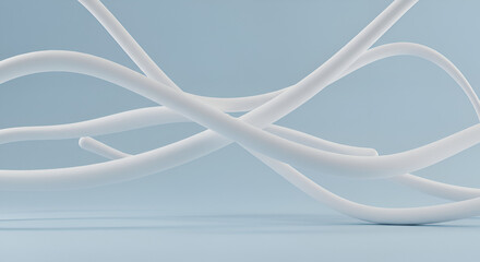 Abstract minimalist 3D rendering with curved white lines and soft blue background
