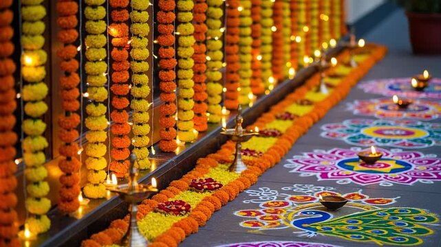 Vibrant Indian festival decorations with hanging marigold flower garlands, colorful rangoli floor art, and glowing traditional oil lamps or diyas.