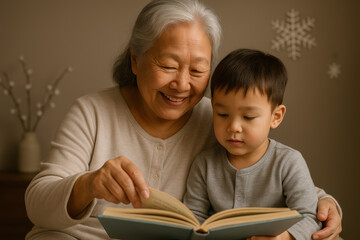 Smiling grandmother reading book with attentive young boy, cozy indoor family bonding moment, warm lighting, soft background