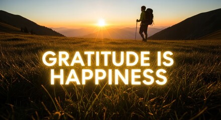 Inspiring quote "Gratitude is Happiness" on mountaintop at sunset.