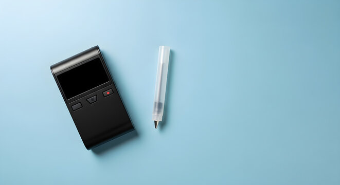 Black digital voice recorder and a translucent pen on a pastel blue digital recorder