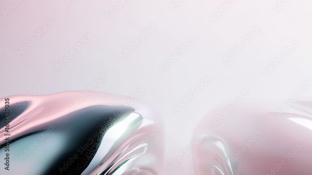 Poster Glossy metallic abstract shapes with smooth surfaces reflecting soft pastel light on minimal blurred background
