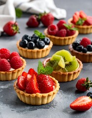 Assorted fruit tarts on a textured surface