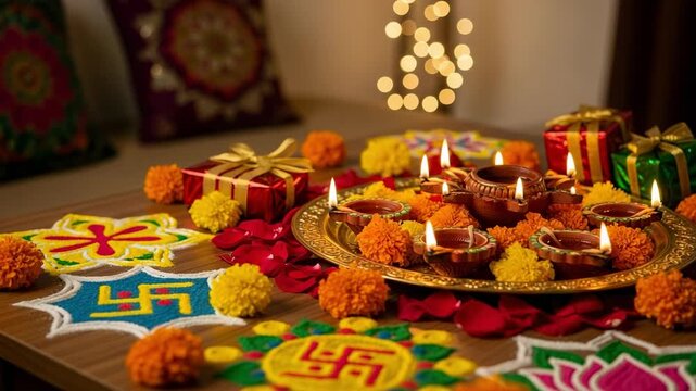 Traditional Indian Diwali celebration setup with glowing clay oil lamps, colorful rangoli patterns, marigold flowers, and presents on a table.