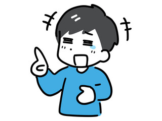 指を差して笑っている私服の若い男性(上半身)