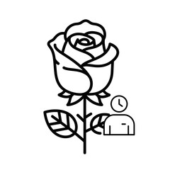 Simple outline rose with clock and user icon