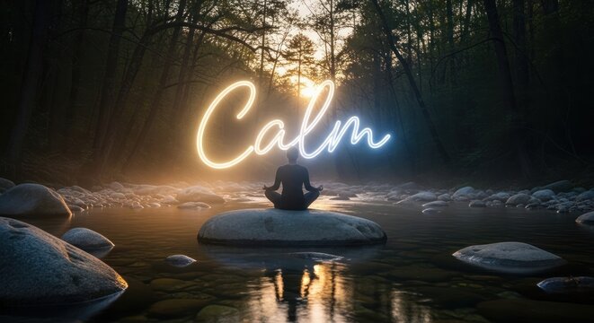 Serene Sunset Meditation: Person in Lotus Pose on River Rock with Glowing "Calm" Sign