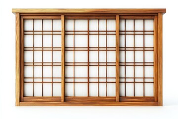 Traditional Japanese wooden window design, white isolated background.