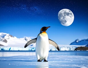 Obraz premium Majestic penguin on icy landscape under a full moon