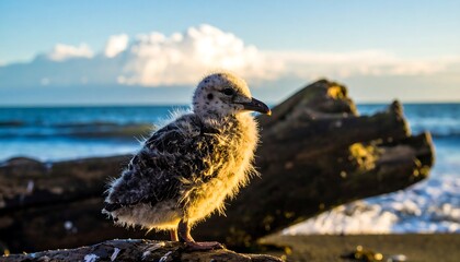 A fluffy baby seagull perched on driftwood by the ocean at sunrise.