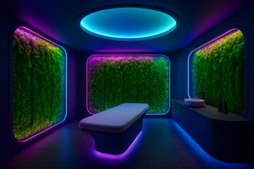 Luxury wellness room featuring green walls and immersive chromotherapy lighting.