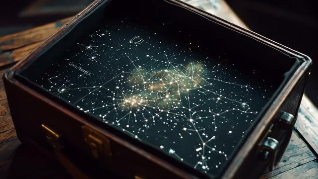 A vintage-style case reveals a celestial map of constellations against a rustic wooden surface.