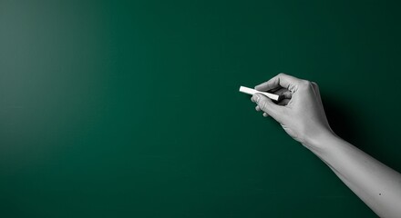 the hand that writes with chalk on a green board 