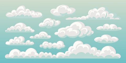 Collection of fluffy white cartoon clouds scattered across a soft blue gradient sky