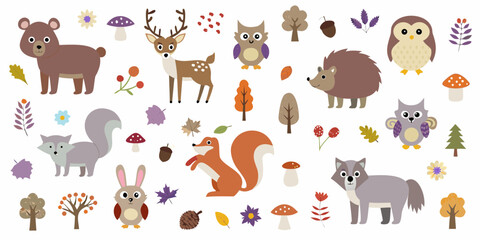 Cute woodland animals and autumn elements collection for children