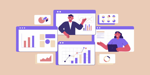 Diverse team members collaborating online presenting data and charts in a virtual meeting