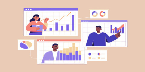 Diverse team analyzing financial data and business growth charts on digital screens