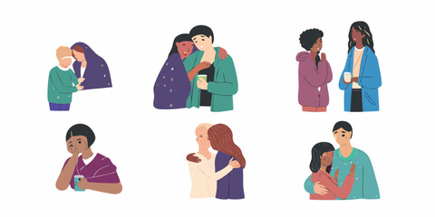 Diverse people offering comfort and support through hugs and empathetic gestures
