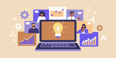 Diverse team collaborating on a new business idea with data analysis and a glowing lightbulb on a laptop screen