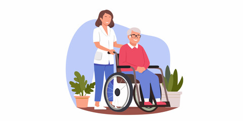 Caring nurse assisting an elderly man in a wheelchair with a smile and plants