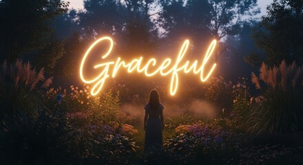 Woman in Evening Garden with Glowing "Graceful" Sign