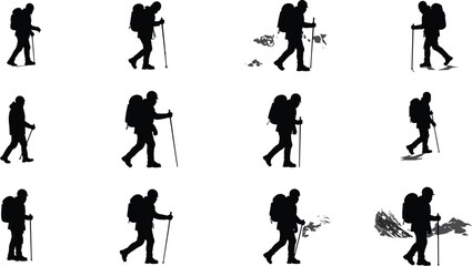 Hiker man silhouette set, walking with backpack trekking pole outdoor exploration, black vector illustration, adventure travel artwork for mountain hiking, camping, nature lifestyle design collection