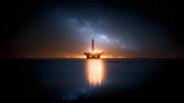 Oil Drilling Platform Energy Extraction Under Starry Sky