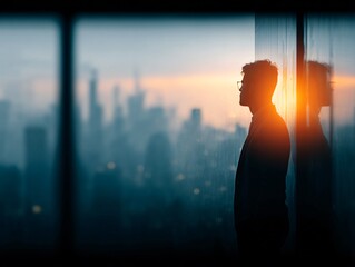 Fototapeta premium Silhouette of a Pensive Man Against a City Skyline at Sunset Urban Environment Lifestyle Photography