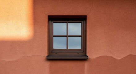 Minimalist window on orange stucco wall with soft sunlight and shadow detail