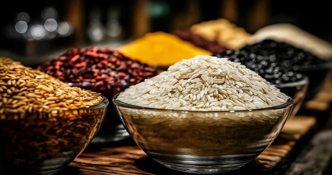 Stylized 3/4 view of polished white and red rice varieties in overlapping glass dishes, overhead dolly with soft parallax, studio soft lighting, clean and informative, hyper-detailed