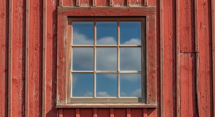 Rustic wooden window on old red barn wall reflecting blue sky with white clouds