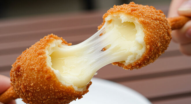 Stretchy and Delicious A Close-Up of Korean Corn Dog with Melted Cheese