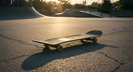 Skateboard lying on empty floor, urban sports scene, outdoor activity and active lifestyle moment.