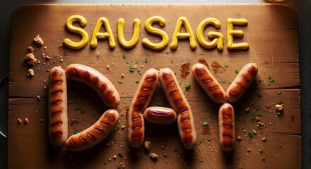 Celebrating the day with grilled sausages arranged to spell 'Day' and mustard spelling out "Sausage", on a wooden surface.