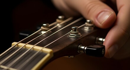 Fototapeta premium Close-up of guitar string being tuned, hands adjusting tension, musical instrument care moment shown.