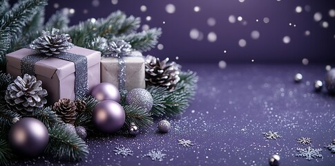 Purple Christmas gifts pine cones and ornaments with falling snow image