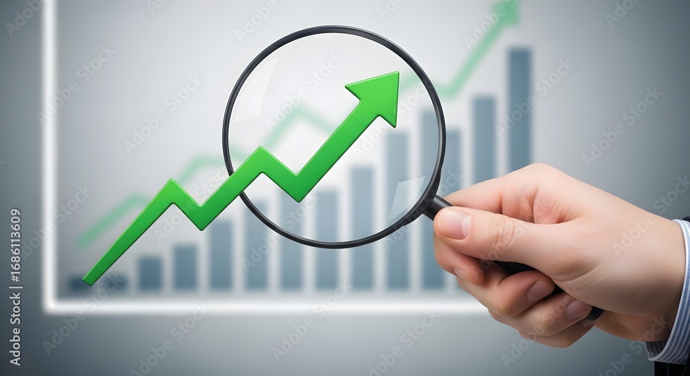Poster analyzing growth trends with a magnifying glass, focusing on a positive upward trend in a bar graph.