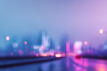 Blurred neon city bokeh with pale blue magenta tones, distant skyline silhouette, minimalist negative space, tech startup website, digital art background, futuristic urban aesthetic

