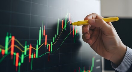 Analyzing Market Trends: A hand points to rising candle sticks on a graph, representing gains in the financial market, emphasizing financial planning.