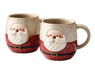 Pair of santa mugs isolated on transparent background, perfect for festive beverages.