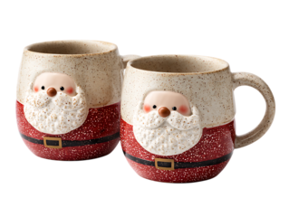 Pair of santa mugs isolated on transparent background, perfect for festive beverages.