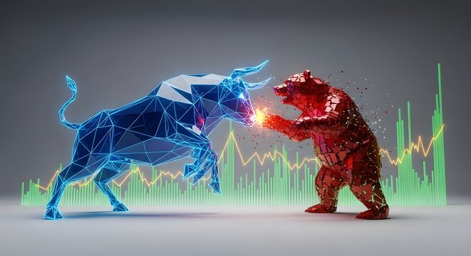 Bull versus bear in a financial showdown, a low-poly struggle symbolizing market forces, with stock graph backdrop. Neon blue versus fractured red.