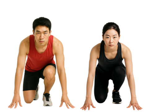 Male and Female Runners in Starting Position – Ready to Race