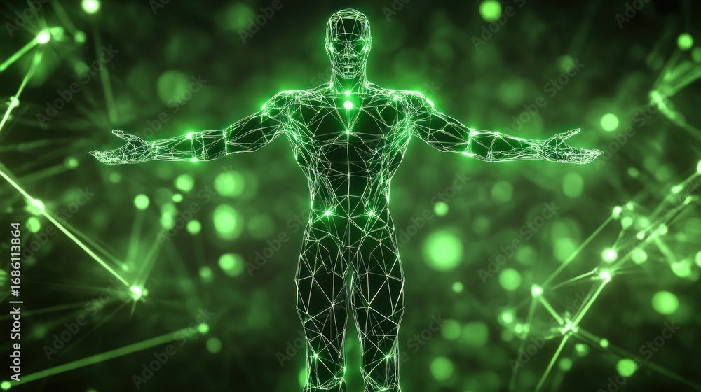 Poster abstract digital representation of a human figure, outlined in glowing green lines and connected by 