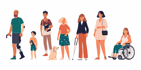 Diverse group of people with disabilities and a service dog standing together inclusively