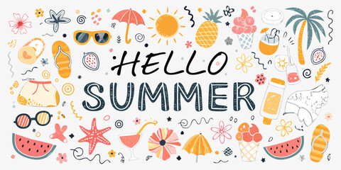 Hello summer greeting with tropical beach and vacation elements